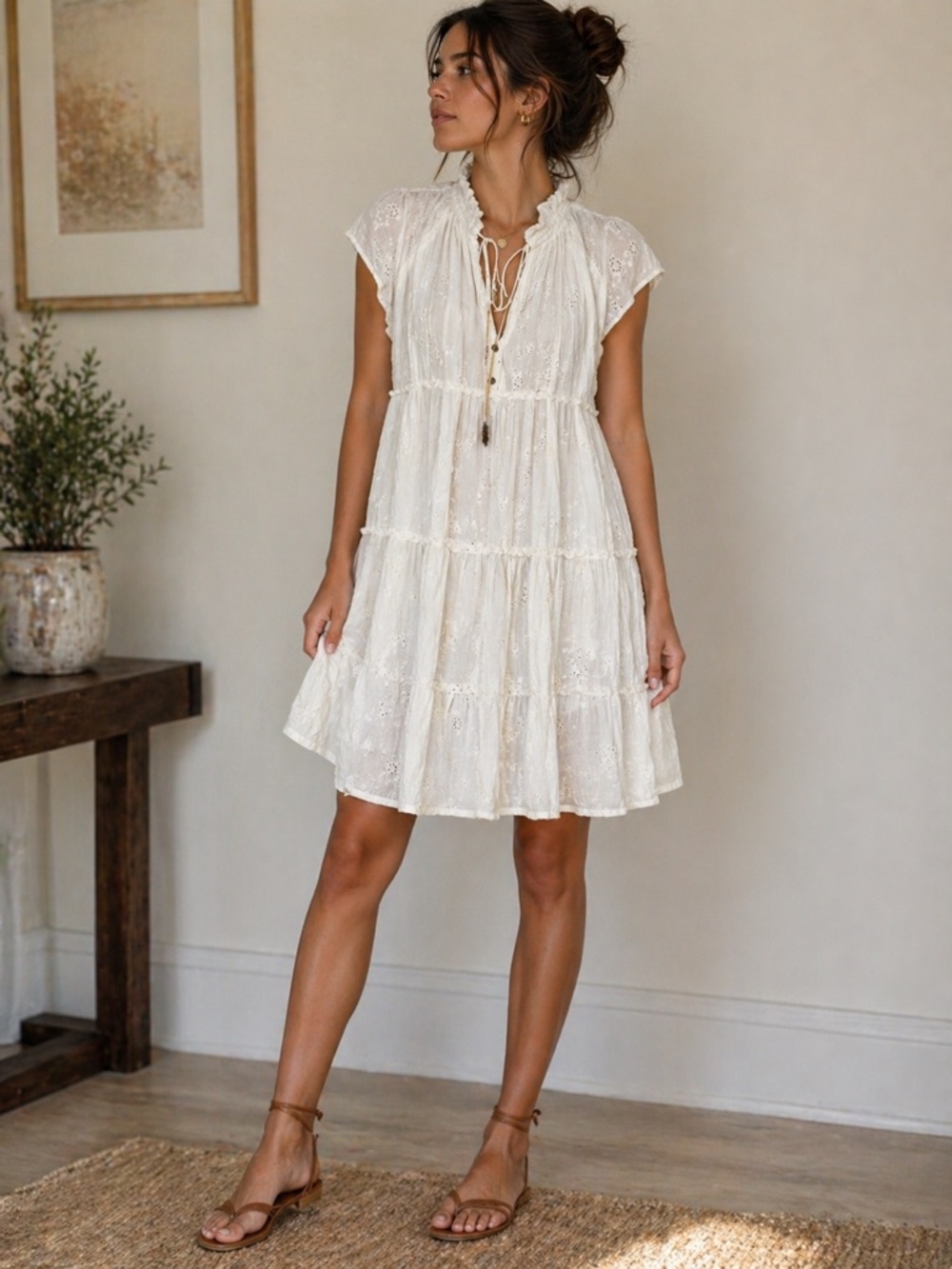 VICI White Eyelet Lace Mini Dress Cottagecore Boho Tiered Small